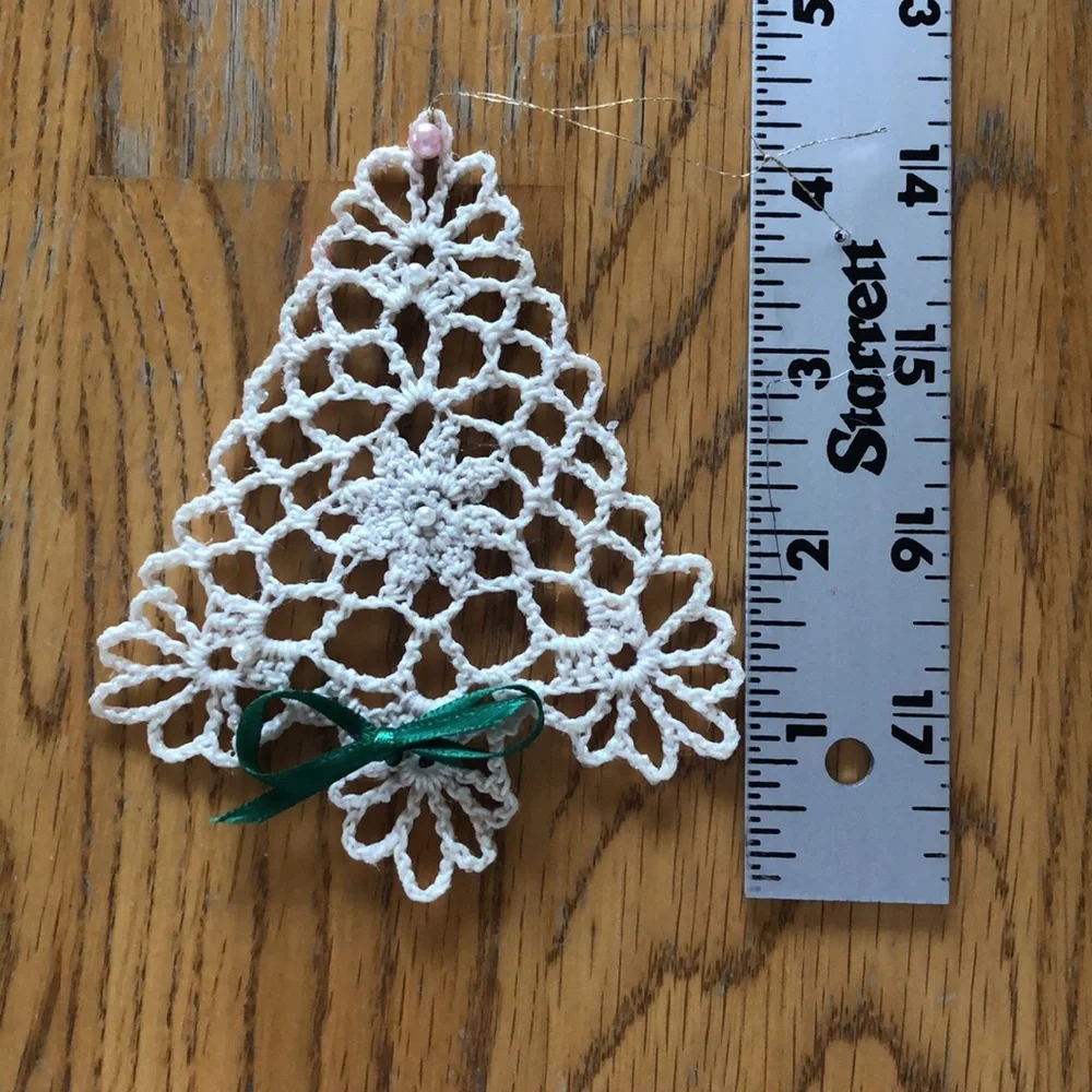 Set of 4 crocheted Christmas ornaments- Angel, tree, bells,drummer
